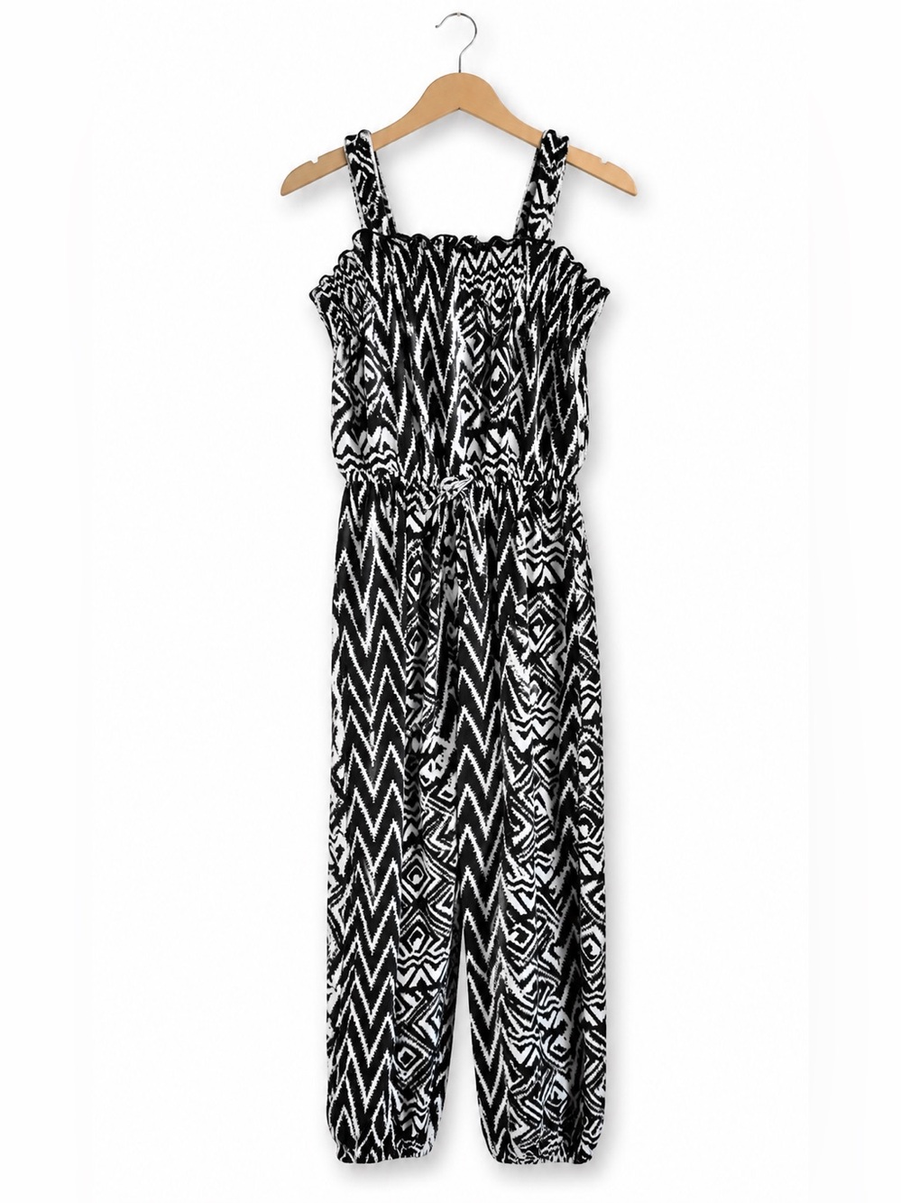 Emily‎ West Girls Romper Sz 7 Black White Ikat Stretchy Knit Print Sleeveless